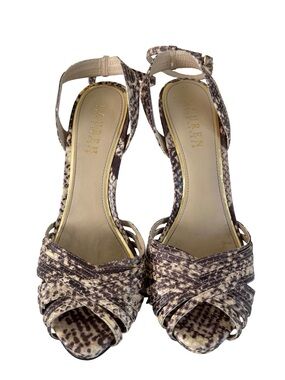 Lauren Ralph Lauren Taupe and Cream Snake-Print Ankle-Strap Heels